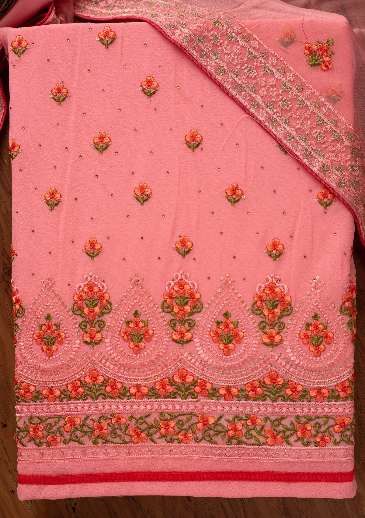 Pink Threadwork Georgette Designer Unstitched Salwar Suit - koskii