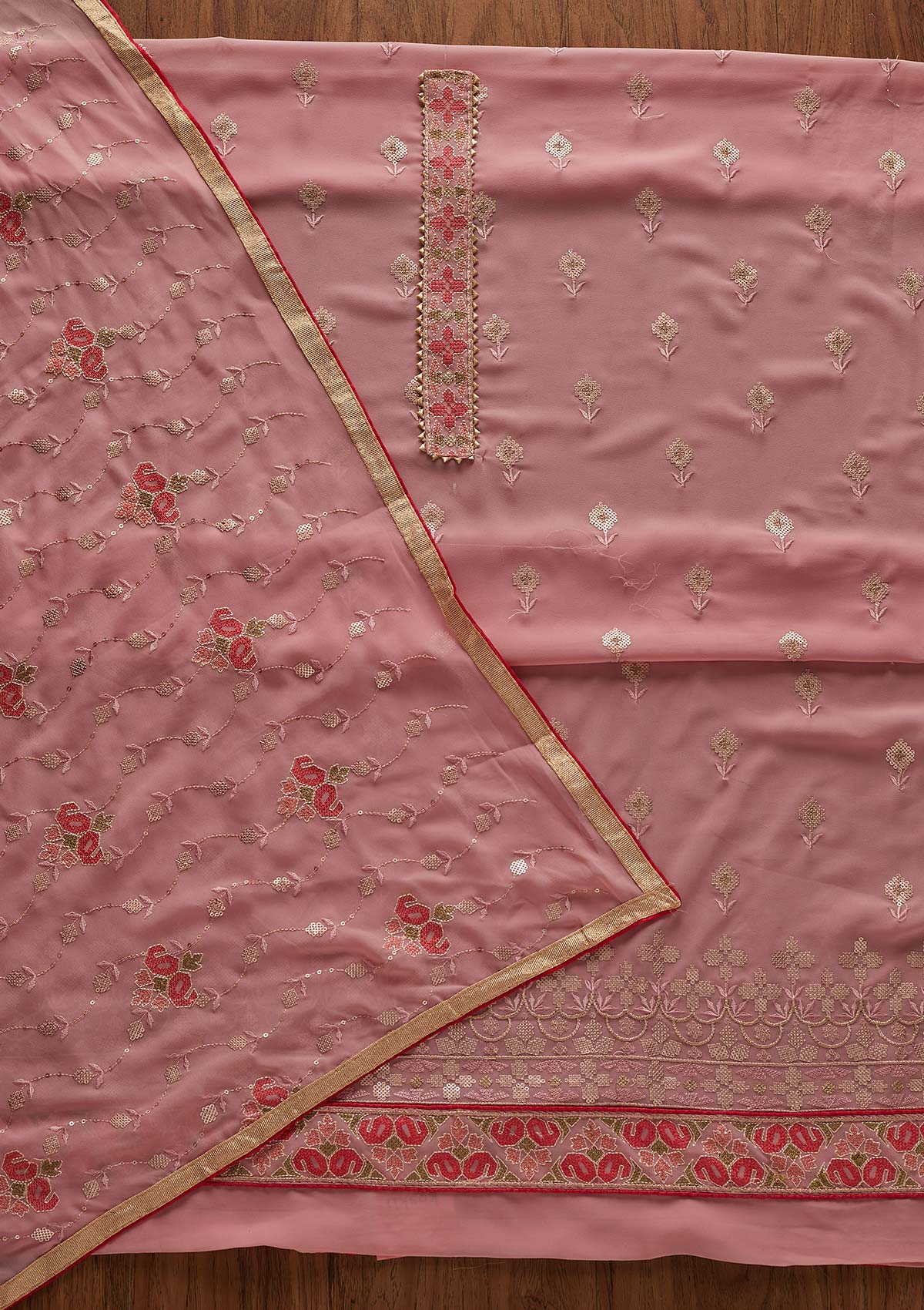 Pink Threadwork Georgette Designer Semi-Stitched Salwar Suit - Koskii