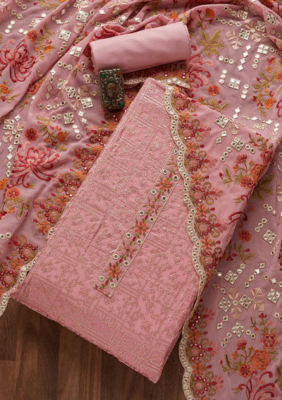 Pink Threadwork Georgette  Unstitched Salwar Suit- Koskii