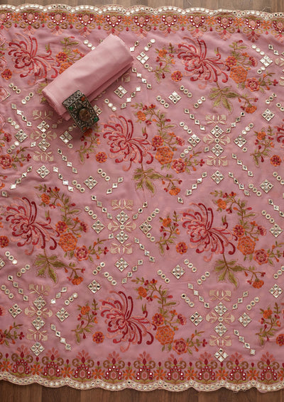 Pink Threadwork Georgette  Unstitched Salwar Suit - Koskii