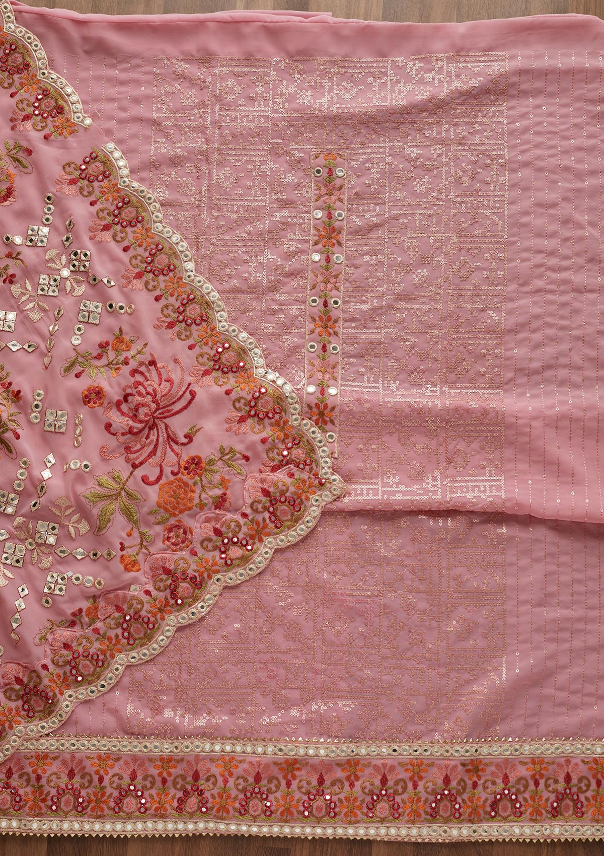 Pink Threadwork Georgette  Unstitched Salwar Suit - Koskii