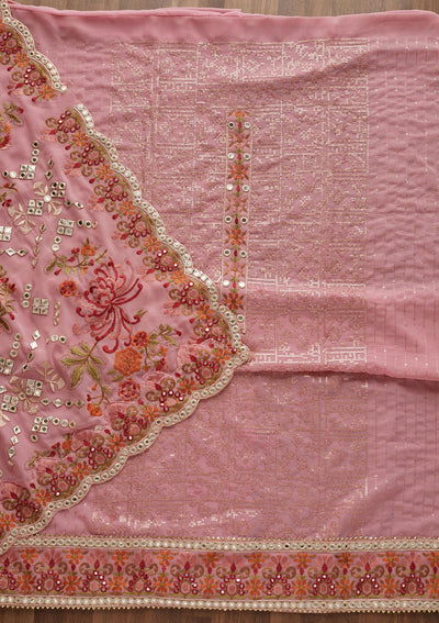 Pink Threadwork Georgette  Unstitched Salwar Suit - Koskii