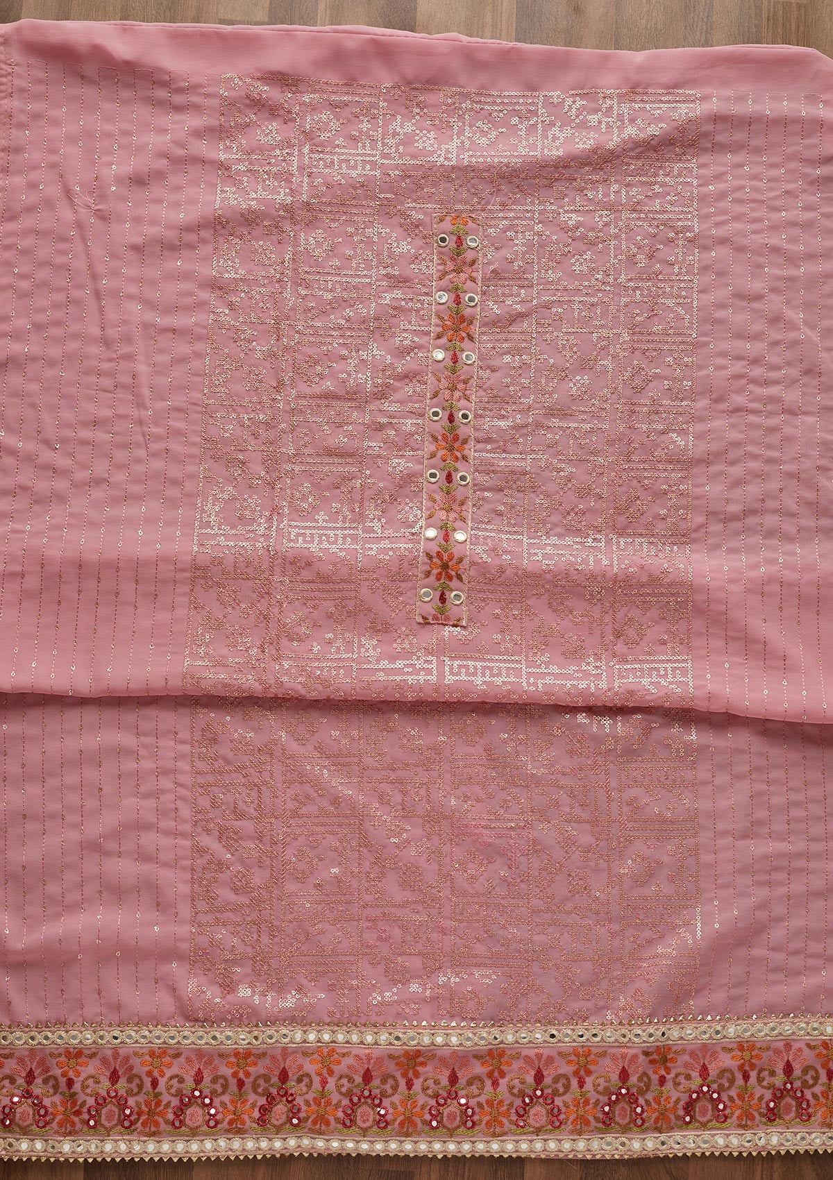 Pink Threadwork Georgette  Unstitched Salwar Suit - Koskii