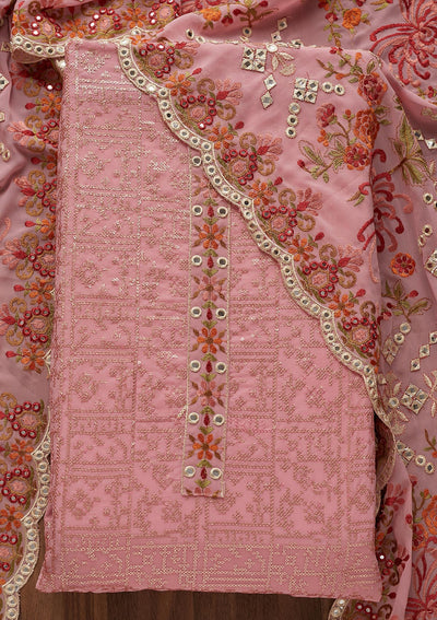 Pink Threadwork Georgette  Unstitched Salwar Suit - Koskii