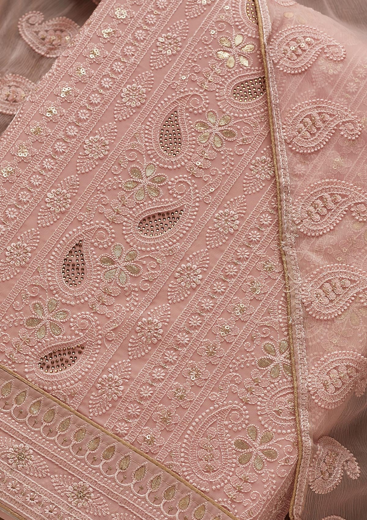 Pink Threadwork Georgette  Unstitched Salwar Suit - Koskii