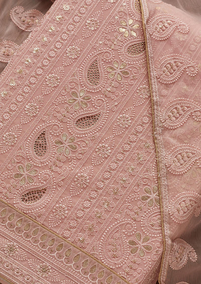 Pink Threadwork Georgette  Unstitched Salwar Suit - Koskii