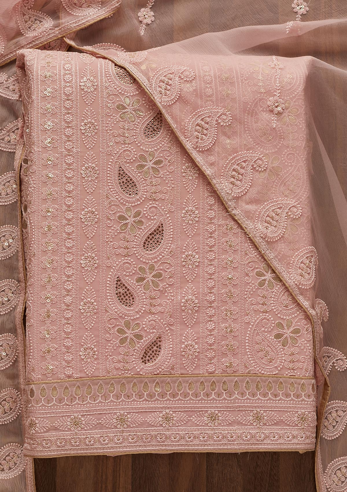 Pink Threadwork Georgette  Unstitched Salwar Suit - Koskii