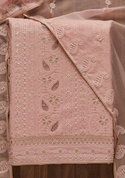 Pink Threadwork Georgette  Unstitched Salwar Suit - Koskii