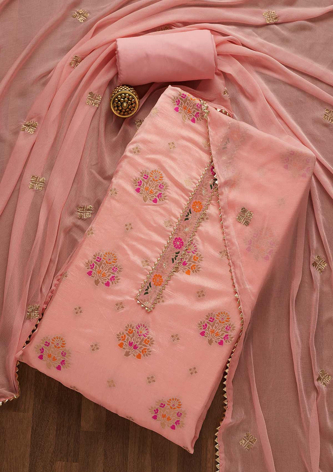 Pink Zariwork Art Silk Unstitched Salwar Suit-Koskii