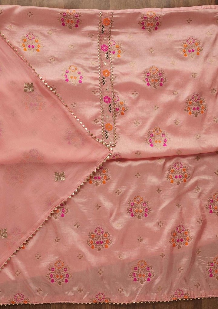 Pink Zariwork Art Silk Unstitched Salwar Suit-Koskii