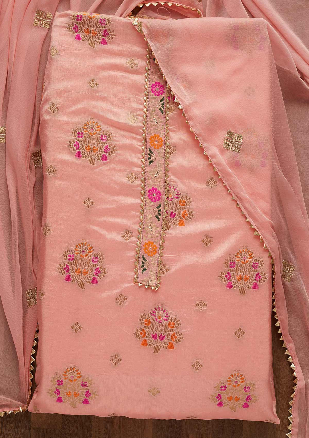 Pink Zariwork Art Silk Unstitched Salwar Suit-Koskii