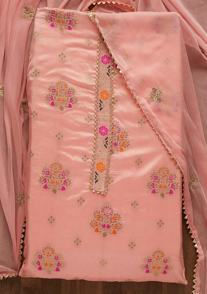 Pink Zariwork Art Silk Unstitched Salwar Suit-Koskii
