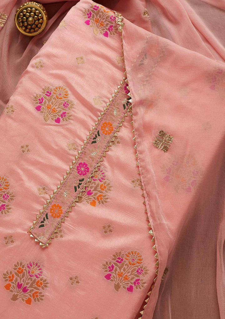 Pink Zariwork Art Silk Unstitched Salwar Suit-Koskii
