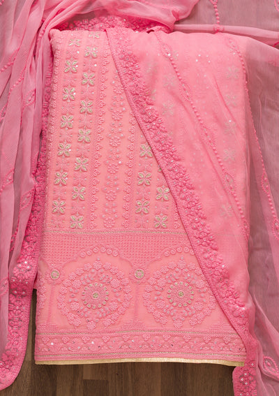 Pink Threadwork  Georgette Semi-Stitched Salwar Suit-Koskii