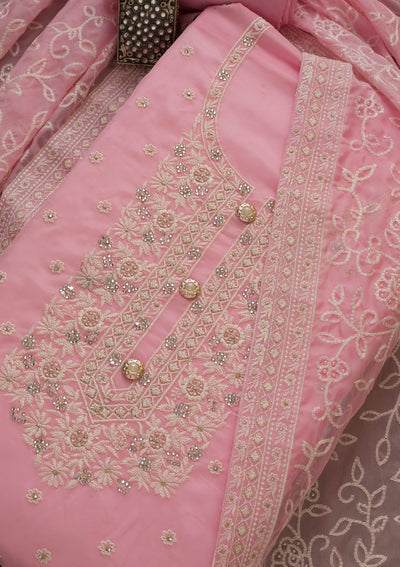 Pink Threadwork Organza Unstitched Salwar Suit-Koskii