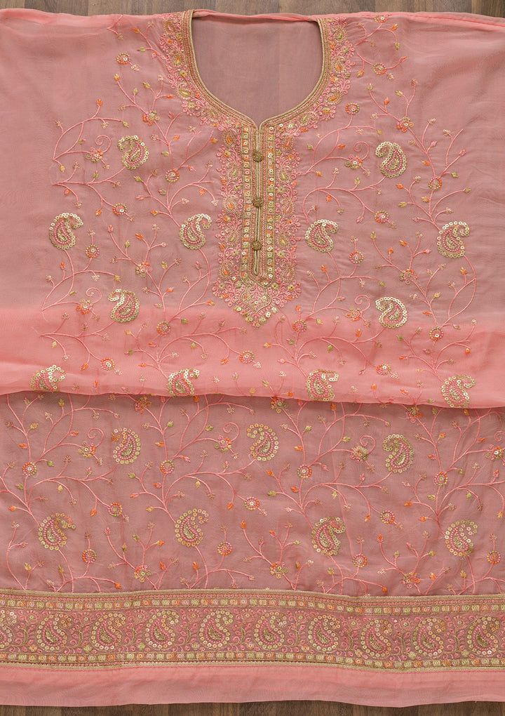 Pink Threadwork Georgette Unstitched Salwar Suit-Koskii