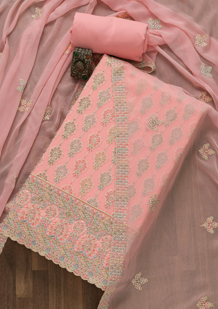 Pink Threadwork Georgette Unstitched Salwar Suit-Koskii