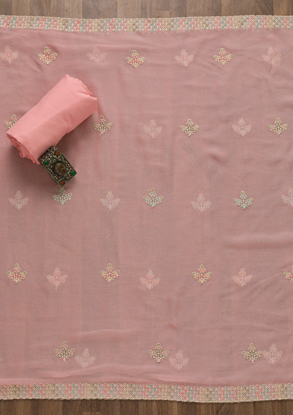Pink Threadwork Georgette Unstitched Salwar Suit-Koskii