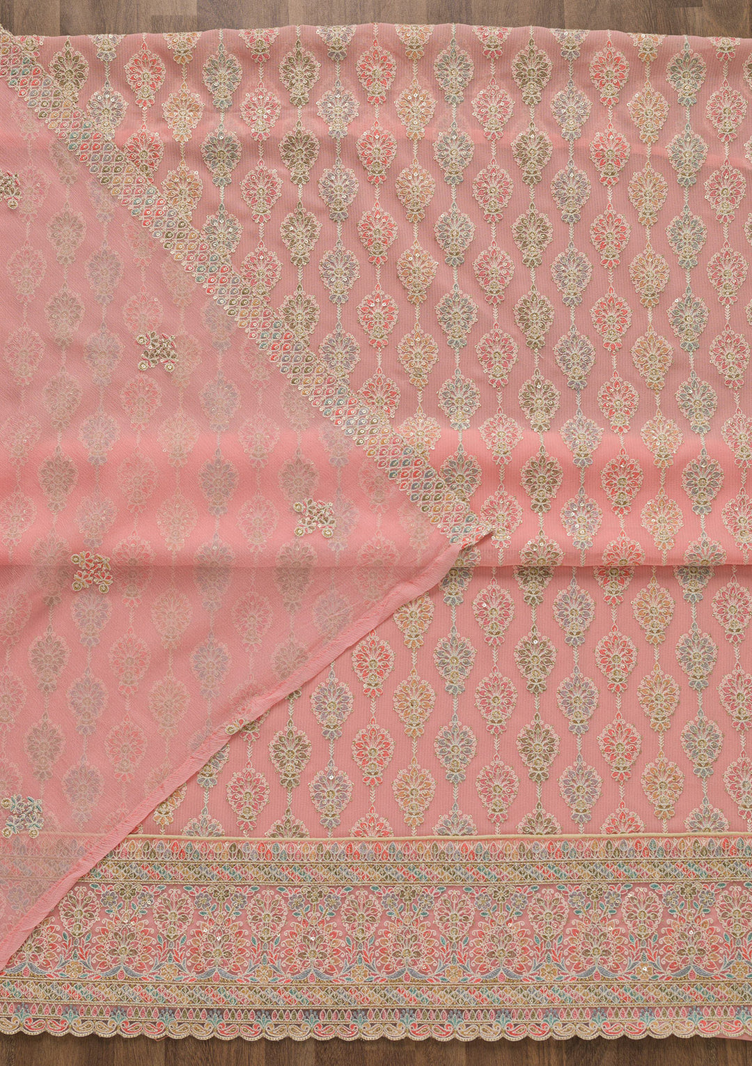 Pink Threadwork Georgette Unstitched Salwar Suit-Koskii