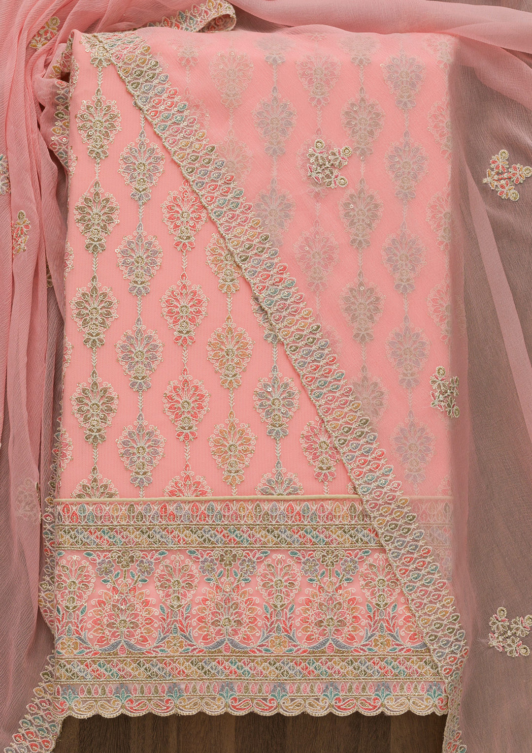 Pink Threadwork Georgette Unstitched Salwar Suit-Koskii