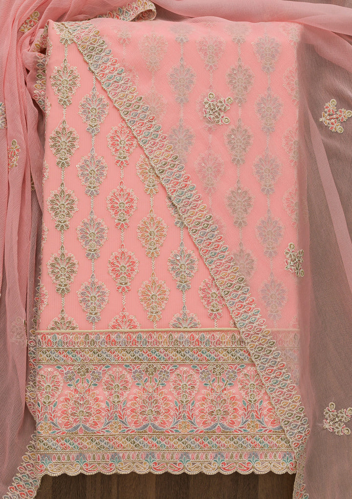 Pink Threadwork Georgette Unstitched Salwar Suit-Koskii