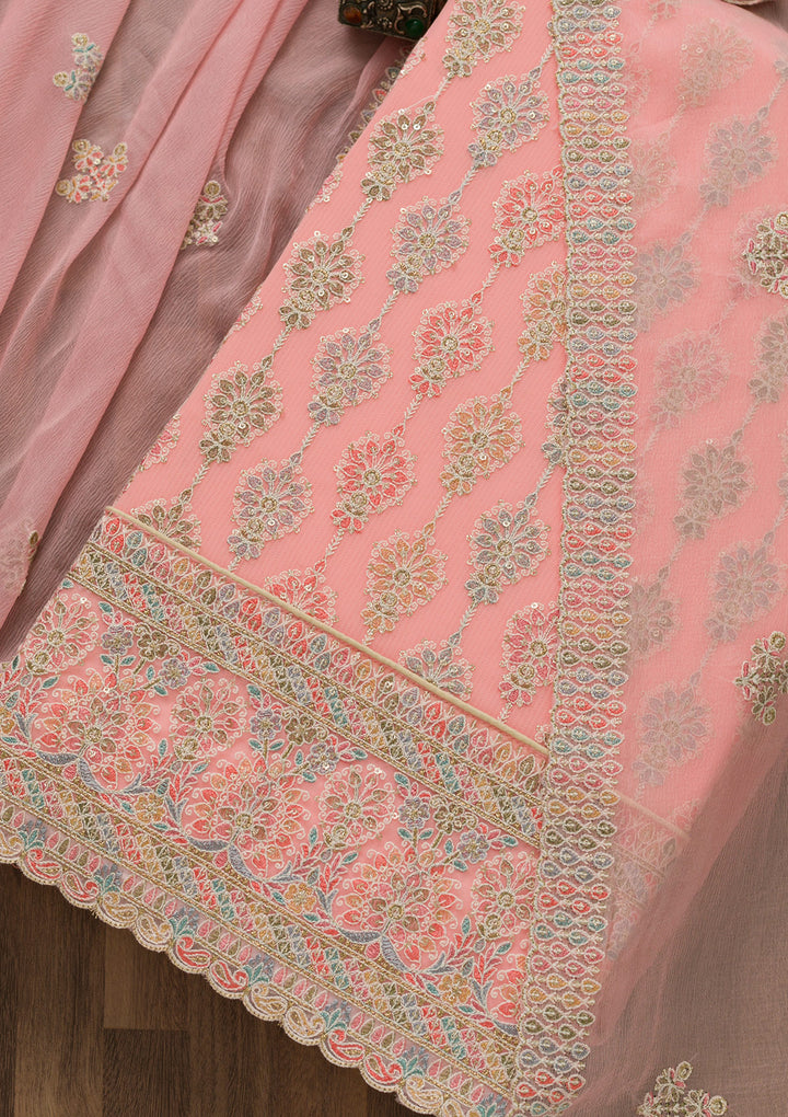 Pink Threadwork Georgette Unstitched Salwar Suit-Koskii