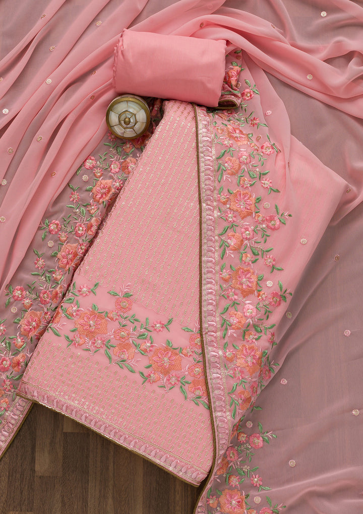 Pink Threadwork Georgette Unstitched Salwar Suit-Koskii