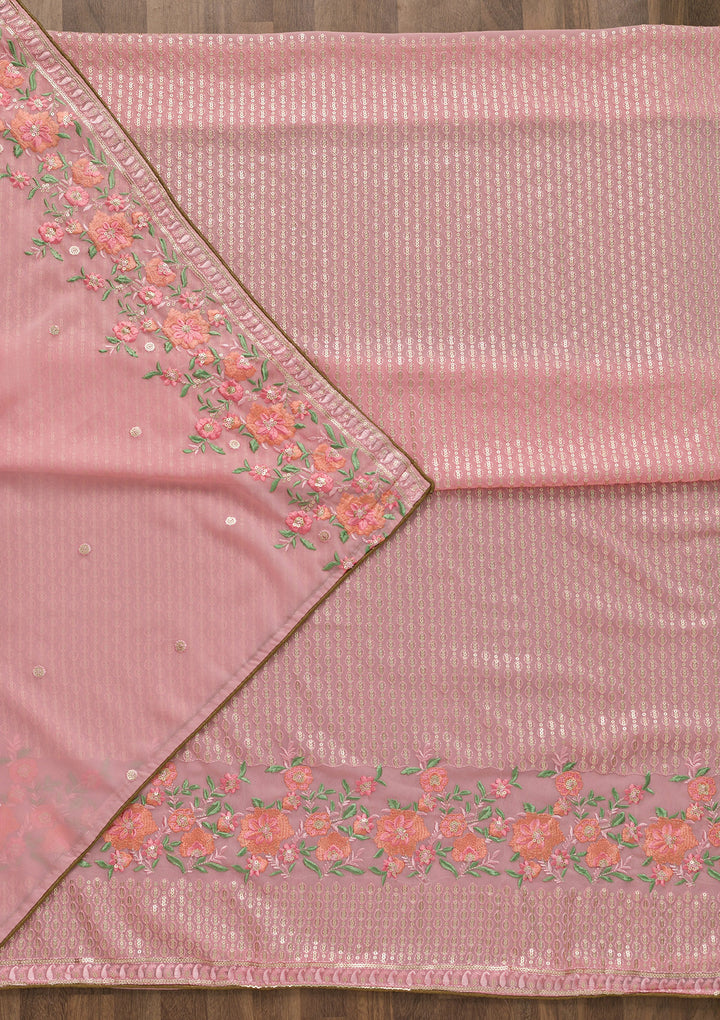 Pink Threadwork Georgette Unstitched Salwar Suit-Koskii