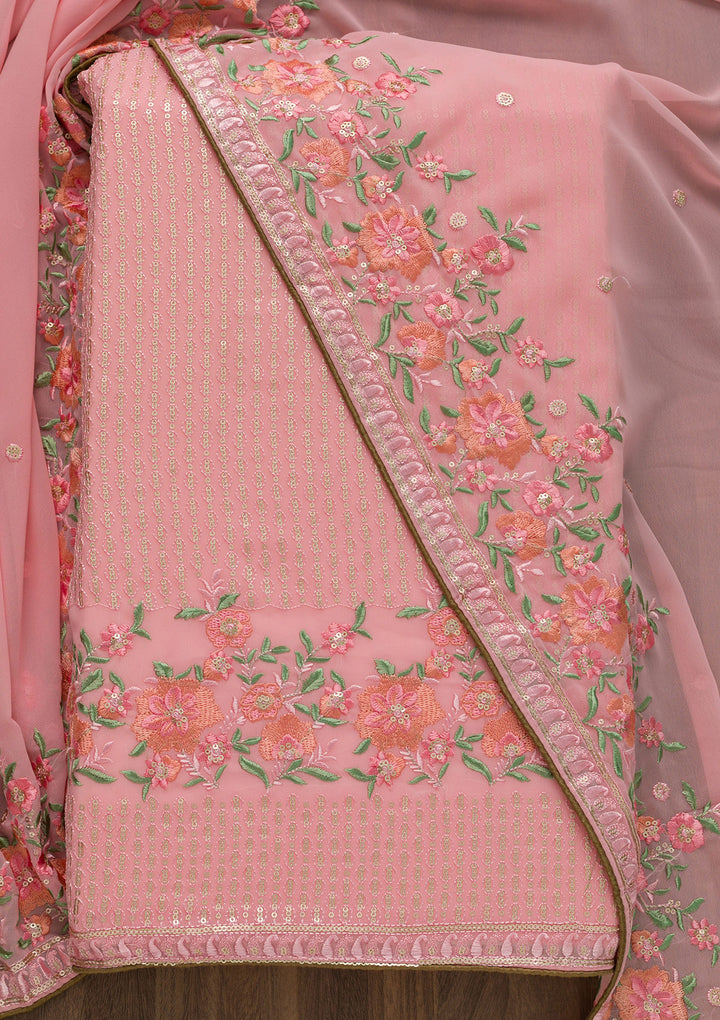 Pink Threadwork Georgette Unstitched Salwar Suit-Koskii
