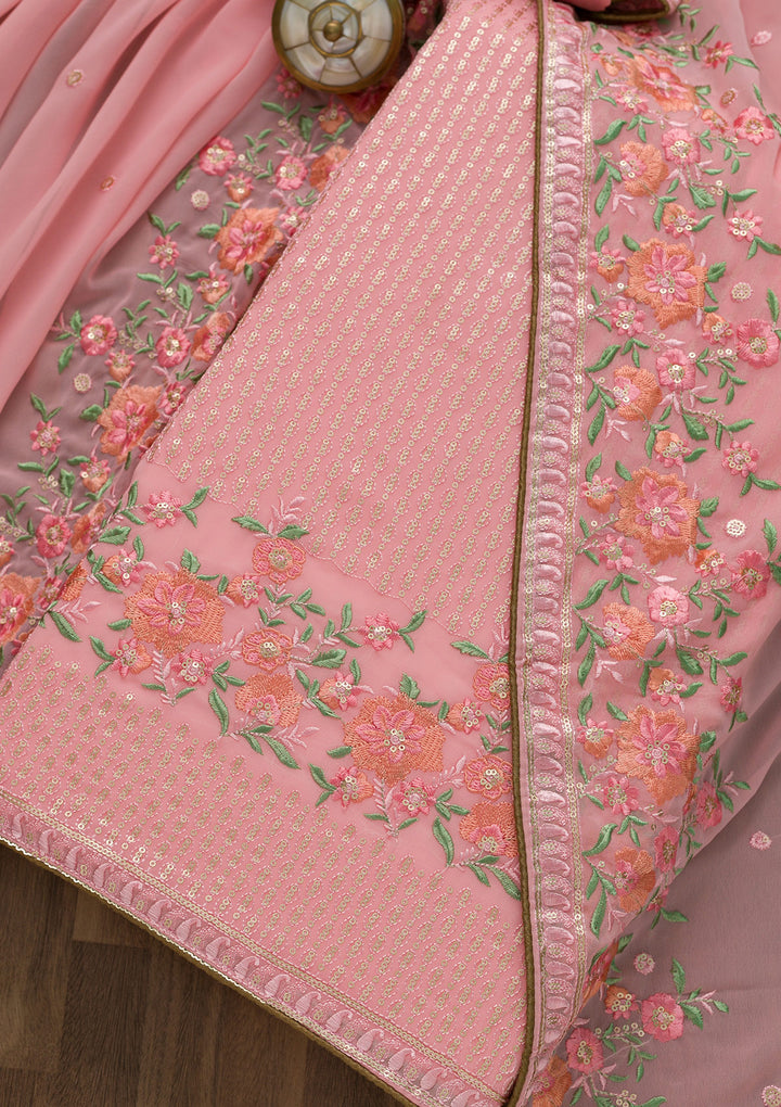 Pink Threadwork Georgette Unstitched Salwar Suit-Koskii