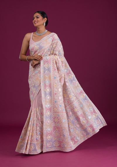 Pink Threadwork Georgette Unstitched Saree-Koskii