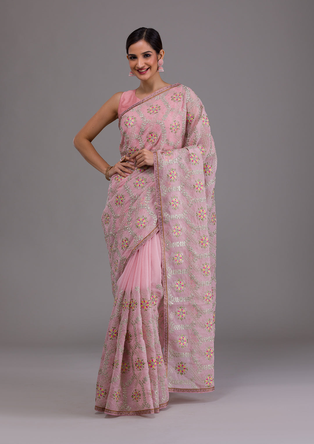 Pink Threadwork Georgette Saree-Koskii