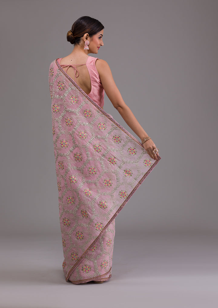 Pink Threadwork Georgette Saree-Koskii