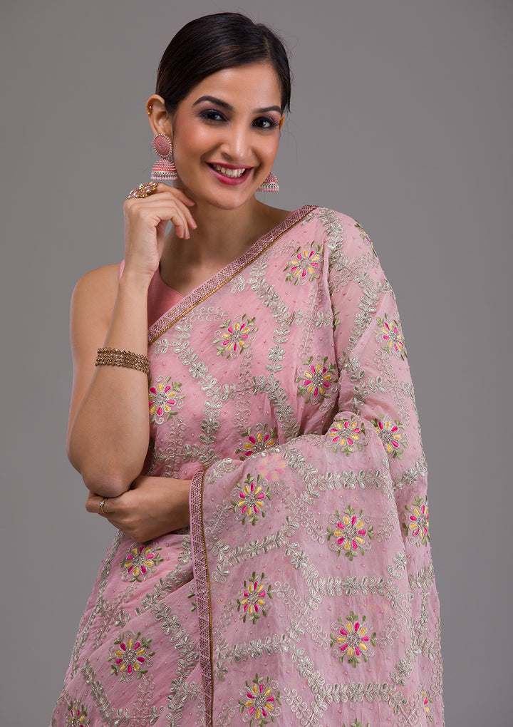 Pink Threadwork Georgette Saree-Koskii