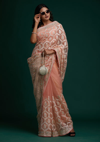 Pink Threadwork Net Saree- Koskii