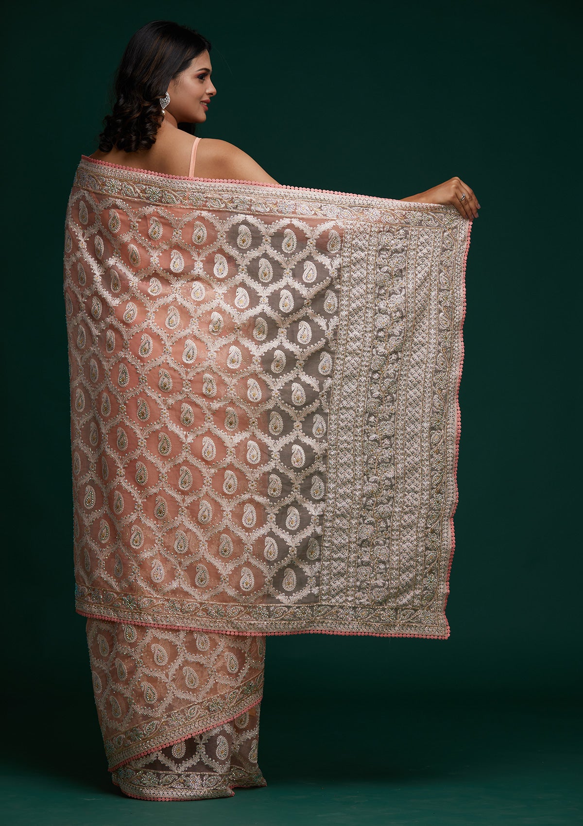 Pink Threadwork Net Saree - Koskii