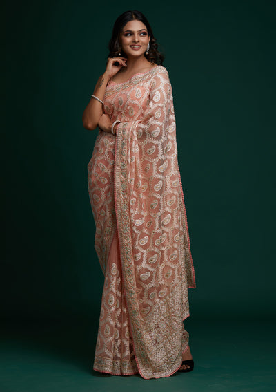 Pink Threadwork Net Saree - Koskii