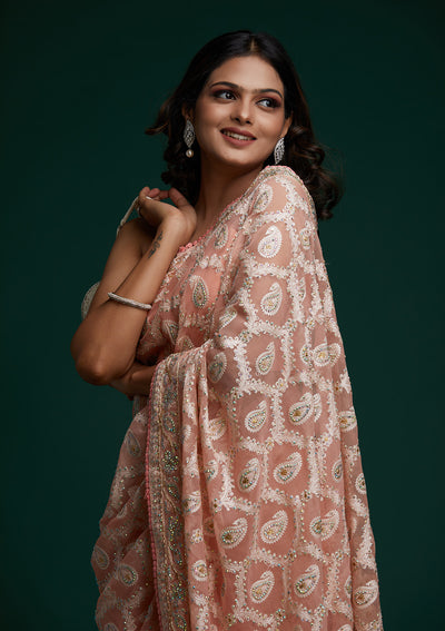 Pink Threadwork Net Saree - Koskii