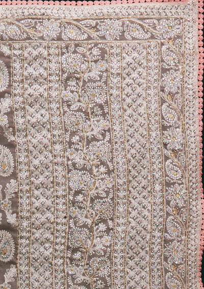 Pink Threadwork Net Saree - Koskii