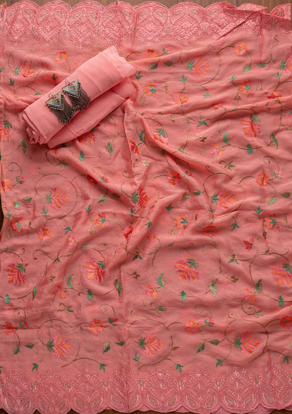 Pink Threadwork Semi Crepe Designer Unstitched Salwar Suit - koskii