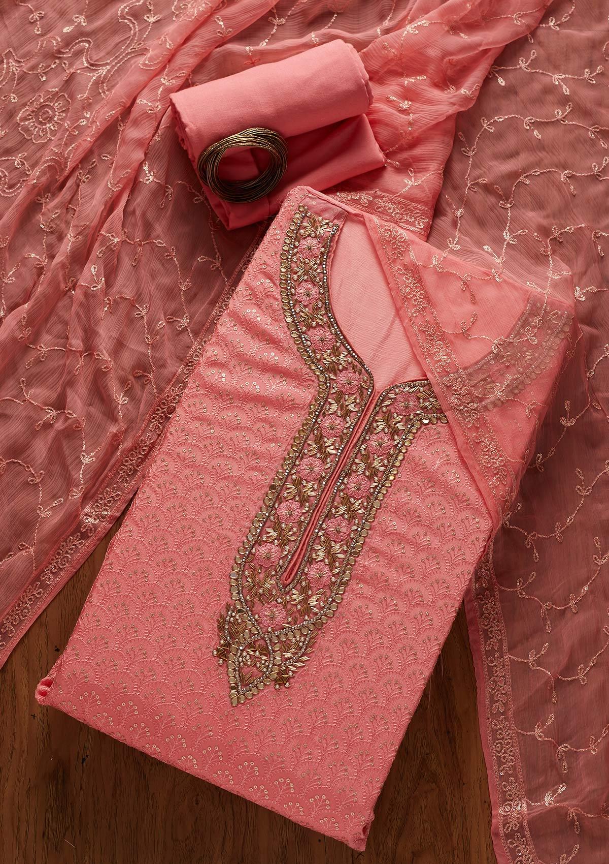 Pink Zardosi Semi Crepe Designer Semi-Stitched Salwar Suit - koskii