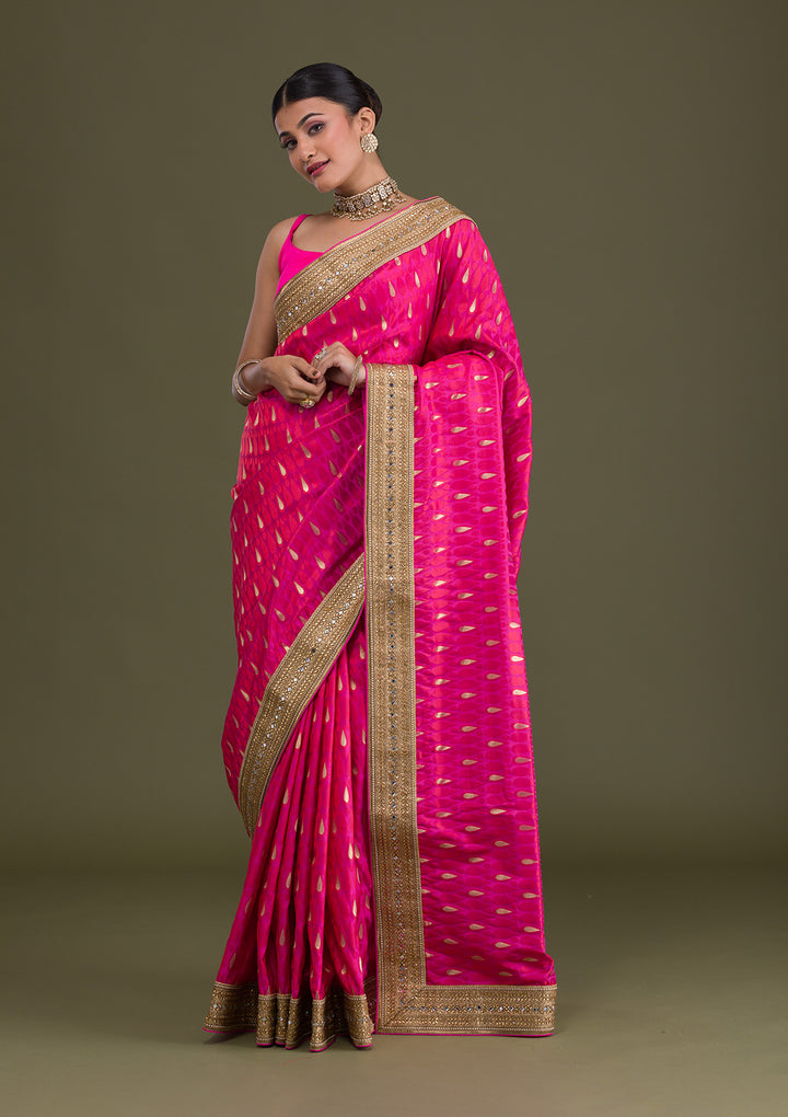 Pink Zariwork Art Silk Unstitched Saree-Koskii