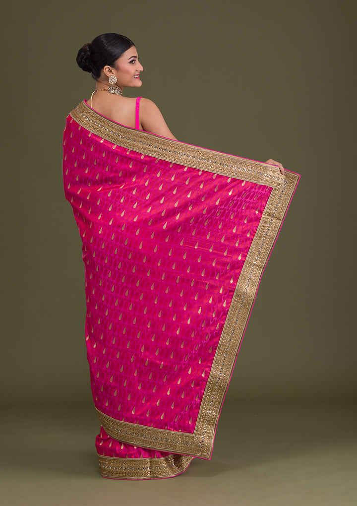 Pink Zariwork Art Silk Unstitched Saree-Koskii