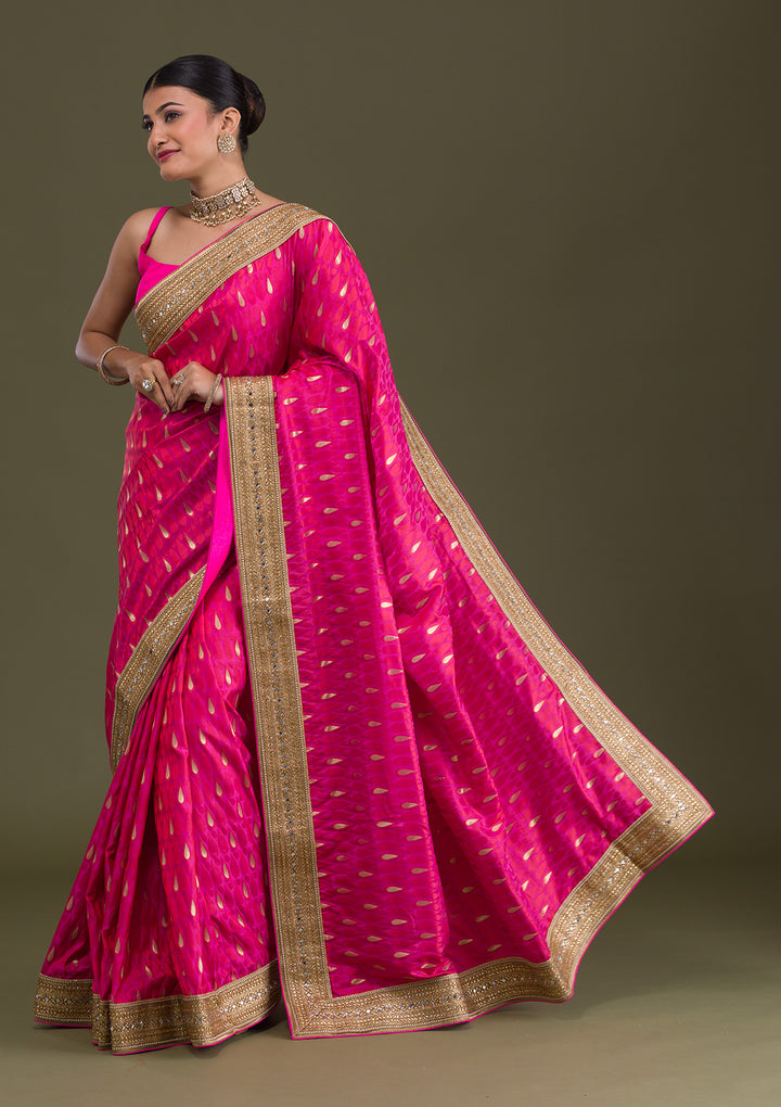 Pink Zariwork Art Silk Unstitched Saree-Koskii