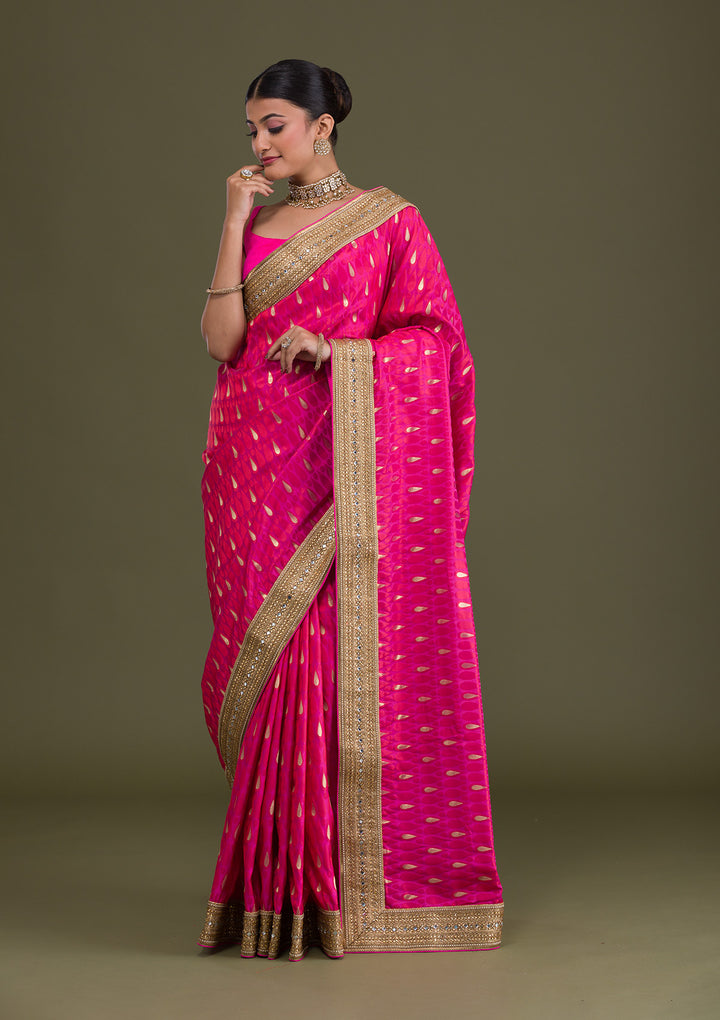Pink Zariwork Art Silk Unstitched Saree-Koskii