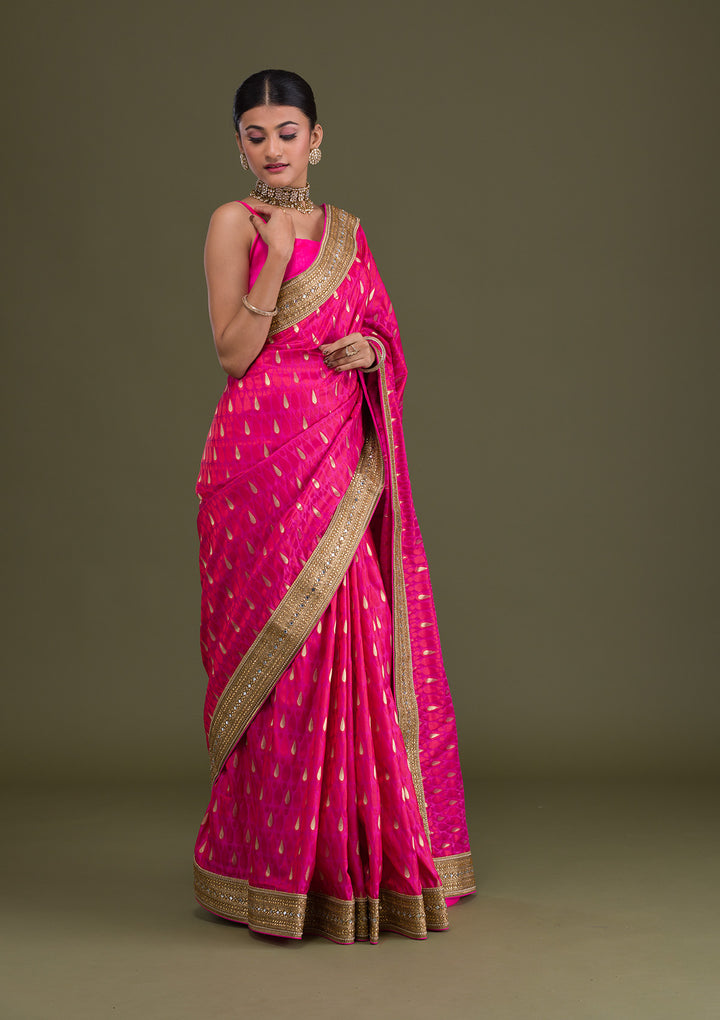 Pink Zariwork Art Silk Unstitched Saree-Koskii