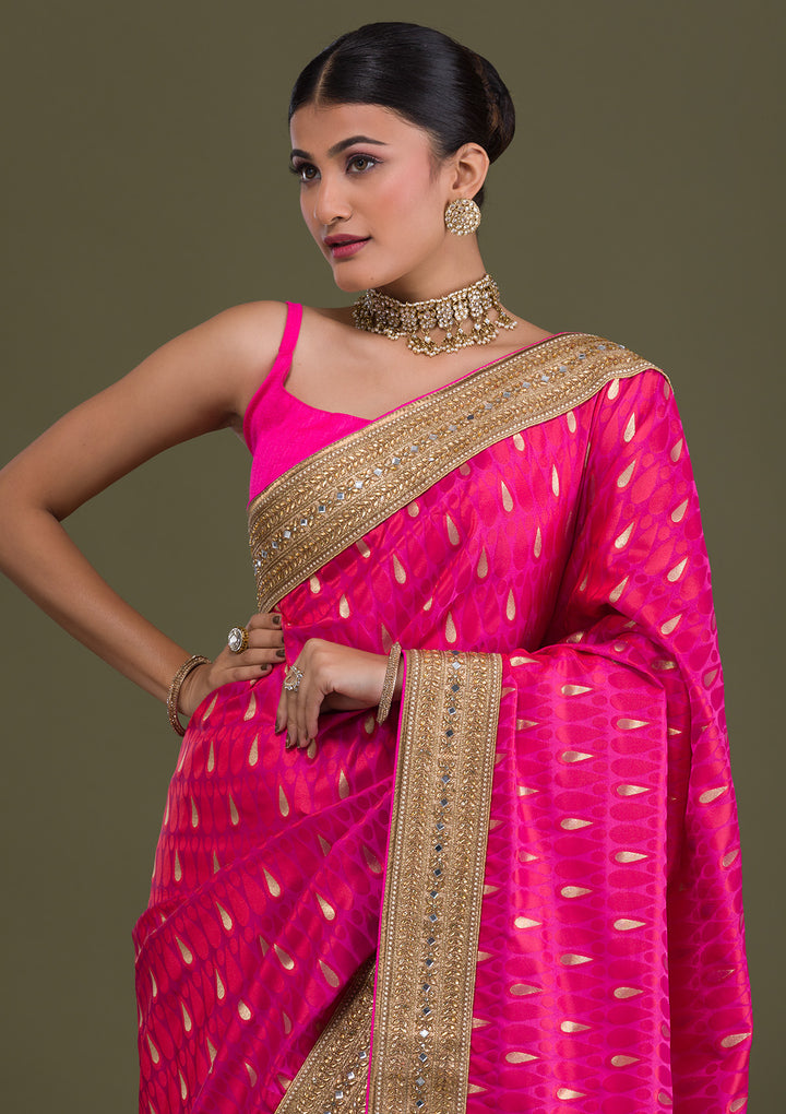 Pink Zariwork Art Silk Unstitched Saree-Koskii