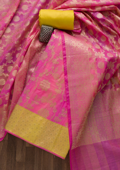 Pink Zariwork Banarasi Unstitched Salwar Suit-Koskii