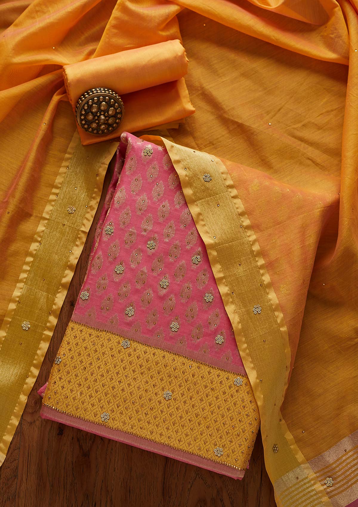 Pink Zariwork Brocade Designer Unstitched Salwar Suit - Koskii