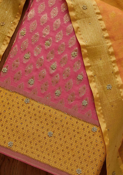 Pink Zariwork Brocade Designer Unstitched Salwar Suit - Koskii